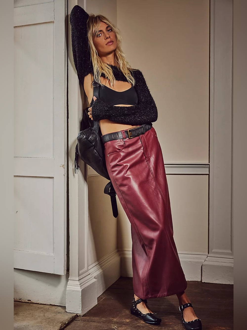 FREE PEOPLE RED CITY SLICKER VEGAN MAXI
SKIRT size 6